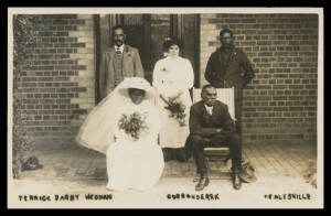 Aborigine Postcards - VICTORIA: c.1910 real photos of Coranderrk weddings with everyone in European finery, two with imprint of Ernest Fysh (Healesville), unused. A similar but used quartet sold at our auction of 14.12.2015 for $1428 ($357 each). (3)