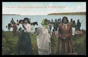 Aborigine Postcards - VICTORIA: Lake Tyers (Gippsland) mostly VSM group including several family groups, dugout canoes x2, "Throwing the Boomerang...", "Winter quarters for natives..." etc, mostly used & generally very fine. (10)