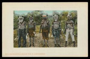 Aborigine Postcards - WESTERN AUSTRALIA: P Falk & Co group comprising Sepia with White Frame x4, Coloured with White Frame x6 and Coloured Unframed x4, four with Corroboree subjects (looking like extras from a Wookies sequence in "Star Wars"), also "Young