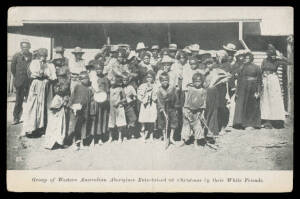 Aborigine Postcards - WESTERN AUSTRALIA: Esperanto Series "Group of Western Australian Aborigines Entertained at Christmas by their White Friends", used to USA in 1910 with comment "...they are dressed for the occasion; in the back blocks they are not so 