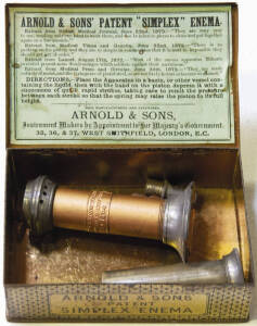 Arnold & Sons "Simplex Enema No.4" circa 1870s metal box with instructions and some parts.