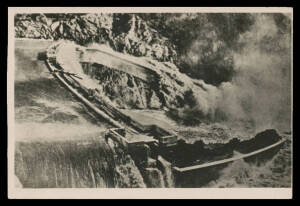 New South Wales - BURRINJUCK DAM: two real photo postcards showing water flowing over the yet-to-be-completed dam wall presumably during the July 1922 or May 1925 floods plus another showing the dam wall complete with construction township at right and ma