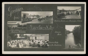 Northern Territory - DARWIN: 'Greetings from Darwin' real photo card by JP Campbell, Malvern, Vic with vignette views of Railway Workshops, Goods & Passenger Siding, Residency Garden Party and River sent under cover with 1913 message on back, condition fi