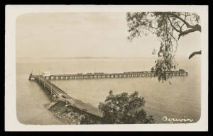 Northern Territory - DARWIN: 1919 Cyclone real photo card with 'Kodak' back showing Jetty with large hole between Railway Tracks & stranded Goods Wagons, annotated "The Darwin Jetty after the Cyclone 1919 &pound;3000 worth Damage June 23/6/19" on back, unused, 