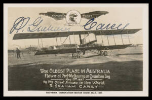 South Australia - 1937 1937 Coronation Motor Show souvenir PPC "The Oldest Plane in Australia" with photo of RG Carey & signed by him "R Graham Carey" AAMC #732, Cat $250, unused; also the same photo on Carey's business card as agent for Caxton Publishing