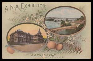 Tasmania - 1907-08 Australian Natives Association Launceston Exhibitions of 1907 1) Spurling real photo of the bustling interior (surface defects at right), used MR4/07; 2) & 3) Daily Telegraph advertising cards for their stand in brown-red used in 1907, 