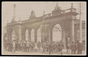 Tasmania - 1909 real photo "Exhibition Building Hobart Destroyed by Fire 5.11.09" showing a crowd outside the devastated building, used 9.11.09, minor bends & the stamp damaged.
