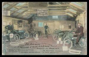 Tasmania - ADVERTISING: The "Triumph" Motor Cycle Garage (interior shot with at least 18 motorcycles & advert for Vacuum Mobil Oils), used to Hastings 1910. A little gem!