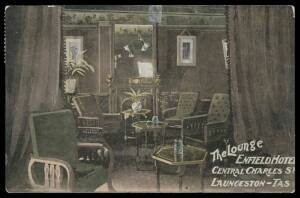 Tasmania - ADVERTISING: Enfield Hotel "The Lounge...", bumped corners, to "Consumptives/Sanatorium/Newtown" in 1908 with 1d pictorial with 'A' perfin of George Adams (Tatts)