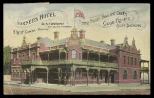 Tasmania - ADVERTISING: Ulverstone Advertisers: Furner's Hotel (exterior with "Tennis Court, Bowling Green/Good Fishing/Surf Bathing"), minor defects, used 1910 with 'LEMANA JUNCTION' arrival cds.