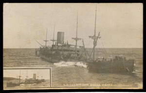 Victoria - 1917 Dufty (Sydney) real photo "SS Cumberland ashore at Gabo" plus small inset photo at lower-left, soiling mainly on the address side, unused. Ex Bob Young. [On 5/7/1917, the "Cumberland" was damaged by mines laid by the German Raider "Wolf". 