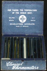 Range of "Clinical Thermometers" (some missing) in original blue box.