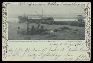 Western Australia - 1903 Robinsons Bristol "Loading Wool - Cossack, Rise and Fall of the Tide 24 Feet" showing group of Aborigines camped in foreground with wool bales & coastal steamer in harbour, to Germany.