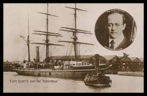 Antarctica - BRITISH: Captain Scott group with real photo "Capt Scott's ship the Terra Nova" with inset portrait, Debenham (Cowes) "Arctic Exploration Ship Discovery" and HG Ponting "Petty Officer Evans" (used under cover), "Lieut Bowers", "Dr Wilson", "O