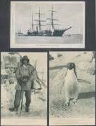 Antarctica - BRITISH: Captain Scott group with real photo "Capt Scott's ship the Terra Nova" with inset portrait, Debenham (Cowes) "Arctic Exploration Ship Discovery" and HG Ponting "Petty Officer Evans" (used under cover), "Lieut Bowers", "Dr Wilson", "O - 3