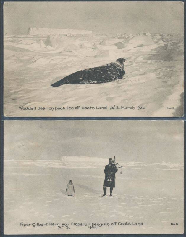 Antarctica - BRITISH: 1904 Scottish National Antarctic Expedition "Piper Gilbert Kerr and Emperor Penguin..." and "Weddell Seal on pack ice...", unused. (2)