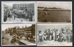 Great Britain - Albums of 1) Buses & Trolley Buses including lots of Pamlin Prints & Photomatic reprints of classic cards; 2) Blackpool; 3) Tower Bridge; 4) "On the Beach" including Beach Cricket; and 5) Fairs; many real photo types & better subjects, con