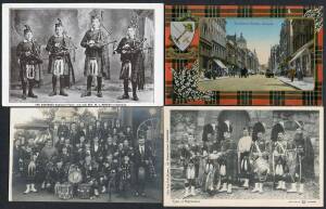 Great Britain - SCOTLAND: Extensive collection of Tartan cards mostly as frames for Scottish views but also pipe bands & bagpipes, maps, clan regalia etc, some real photo types & artist cards, humour & even a "silk", condition variable but generally fine 