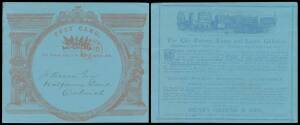 Early Private Postcards (Great Britain) - 1877 oversize blue card (177x146mm) with the address-side printed in brown-red & the reverse in ultramarine for 'The City Pottery, Lamp and Lustre Galleries' with printed notice promoting the discounting of their 