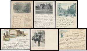Early Private Postcards (Great Britain) - 1894-1900 Court-Size Cards selection by unidentified producers with views of Bexhill, Brighton (corner stains, unused), Bromley x2 & London x3 (one to France in 1900 taxed with Postage Due 5c x2), a lovely chromol