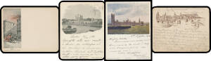 Early Private Postcards (Great Britain) - 1894-1900 Court-Size Cards Beechings Ltd: Life in London "Fire !!" (superb unused), "City Bus" & "Shine, Sir?" (both used in 1898), Woodcut multi-view of Bristol by WA Hanson (to Bohemia in 1897, taxed with Austri