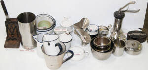 Group of various bowls, basins, spitoons, beakers & sterilization equipment including "Horrocks Saline Infusion" apparatus.