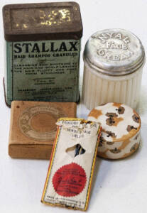 Womens vanity items. Includes perfume puff, bobby pins, "Stallax" hair shampoo granules and "Mornay" compact.