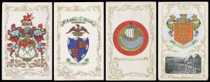 Subjects/Themes (Great Britain) - HERALDRY: Ancient album with a lovely array of Heraldic Series cards for British Cities, for Colleges at Cambridge & Oxford, for Jersey x3 with inset photographs etc, a few with verses added, a few mostly minor problems b