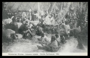 Solomon Islands - Melanesian Mission series with white space below the views including "Mala: Roas Village", "Honggo: Vanuba Village", "Bugotu: Mara na Tabu (All Saints)", "Florida Parliament 1904", "On board Southern Cross at Bugotu, Ysabel", "Ugi: Canoe