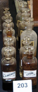 DISPENSING BOTTLES, with labels, various sizes, all in good condition, & all with stoppers.