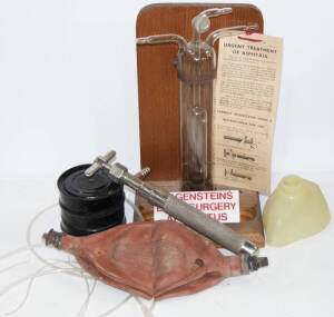 Wagensteins lung surgery apparatus together with Sparklet resuscitator and instruction card and other respiration items.