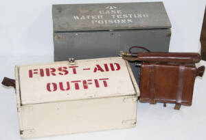 Field surgeons light kit in leather case with provision for battery, together with "First-Aid Outfit" wooden box and small grey wooden box with stencilled writing on top "CASE WATER TESTING POISONS".