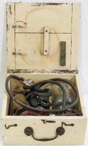 War time field anaesthesia apparatus in wooden box.