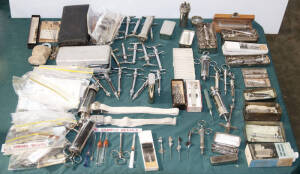 Large range of syringes, needles, tornequets and valves. Some in original cases.