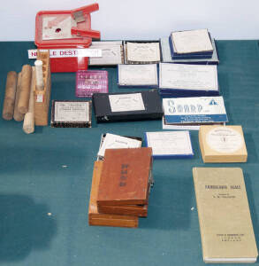 Range including hypodermic needles in original boxes, slide kits in wooden box and plastic needle destroyer.