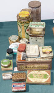 Range of vintage tins, including "Rowntrees clear gums", "Cornwells pine pastilles", "Watkins menthol camphor ointment", etc, a few with contents.