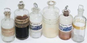 Six small glass bottles (5 with stoppers) which contained such items as "liquid ammonia", "fragrant lavender matter" and "gum arabic" etc.
