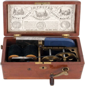 Circa 1880, electric shock machine "for nervous diseases" in wooden box manufactured by Joseph Gray & Son. Instructions inside of lid.