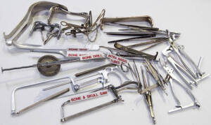 Range of bone related instruments including bone holders, bone drills, surgical tweezers, bone and skull saw.