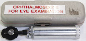 Opthalmoscope used for eye examinations; in case by National Pty Ltd.