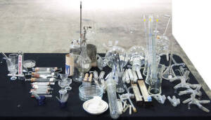 Range of various glass containers, dishes & instruments including syringes, pharmacy equipment, eye speculum, beakers, etc.