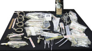 Range of forceps, catheters, clamps, chloroform ether masks and other surgical equipment.