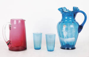 VICTORIAN GLASS WARE: Antique ruby glass jug, 17cm superb condition; Attractive antique Mary Gregory blue glass water jug (base cracked) with (2) beakers.