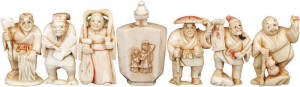 NETSUKE: Group of (6) carved ivory Netsuke in the form of peasants, scribes and musicians (all signed); carved ivory opium bottle adorned with figural carving. VG condition.