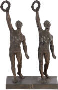 ART DECO: Pair of spelter statues of male atheletes holding a victory wreath. Possibly German c1930s. Nice bronze finished patina, (one repaired on base). Height 33cm