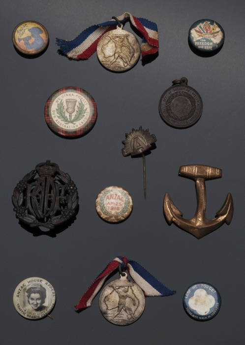 BALANCE OF COLLECTION: Badges (98) including Anzac & military (49), Red Cross (23); comic Masonic postcards (20); coins; c1900-10 photographs (7) of Birchip area; Zeiss Ikon Baby Box camera; Ensign Ful-Vue camera; nice collection of 1940s-70s theatre prog