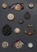 BALANCE OF COLLECTION: Badges (98) including Anzac & military (49), Red Cross (23); comic Masonic postcards (20); coins; c1900-10 photographs (7) of Birchip area; Zeiss Ikon Baby Box camera; Ensign Ful-Vue camera; nice collection of 1940s-70s theatre prog