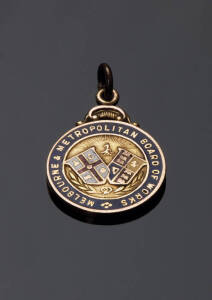 "Melbourne Metropolitan Board of Works", 9ct gold and enamel fob, reverse enscribed "Commissioner F.G.J.Hardy". VG condition.