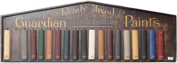 GUARDIAN PAINTS SIGN: Advertising sign, "Ready Mixed, Guardian Household Paints" with 18 colour samples affixed with hooks below (2 others missing), overall 88x32cm. Interesting sign/shop display in Fair/Good condition.