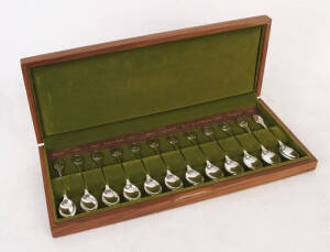 STERLING SILVER spoon set (c1977),"The Royal Society for the Protection of Birds", by John Pinches [London], limited edition by invitation only. Set of (12) housed in a velvet lined timber box with certificates. Superb condition.